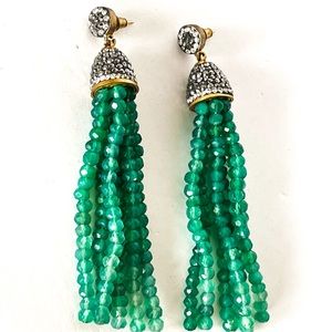 Pave crystal dome in an antique gold setting with jade green beaded strands